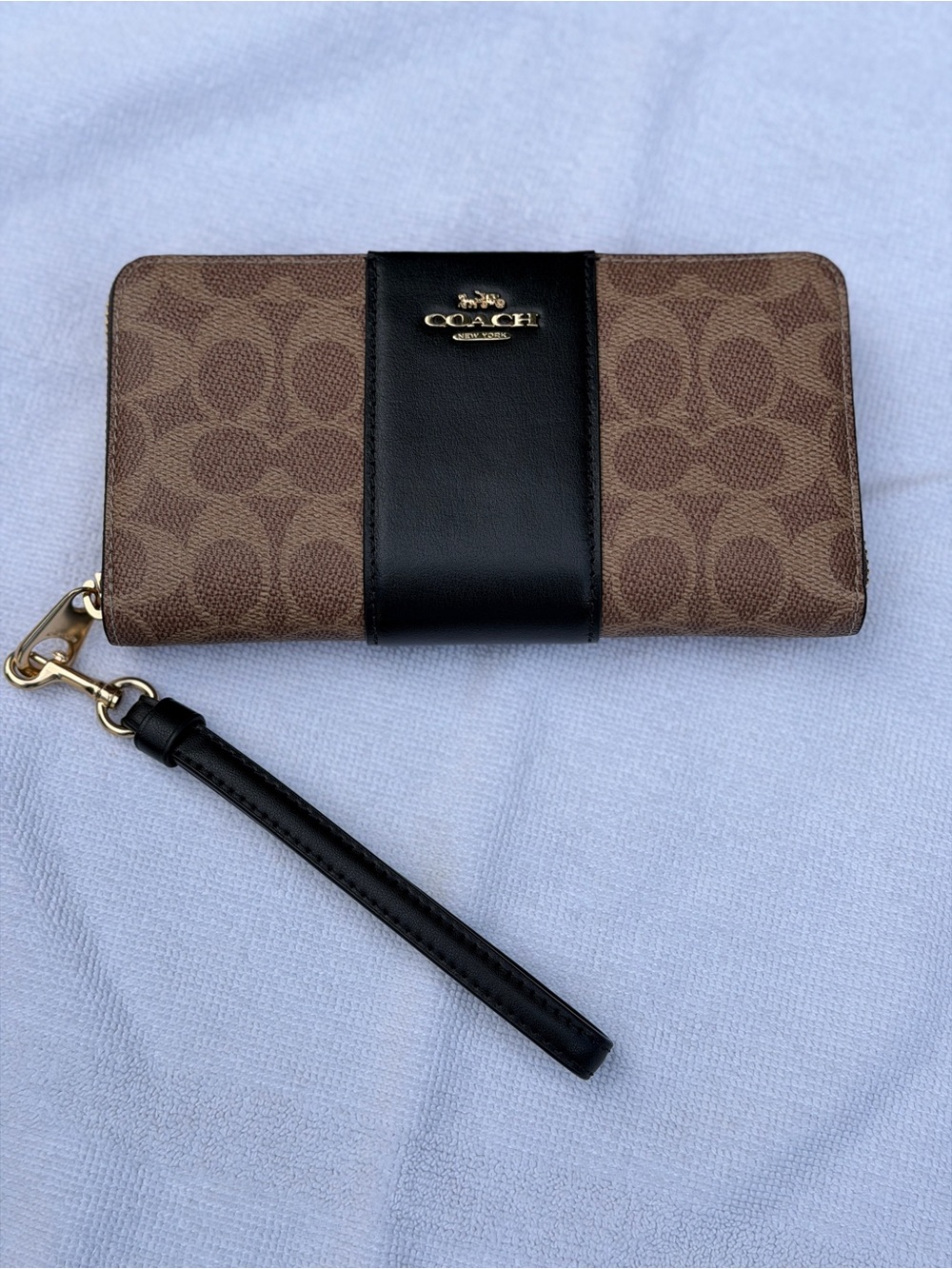 Coach Brown Monogram and Black Leather Zip Wristlet